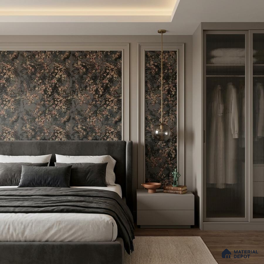 Modern bedroom with floral wallpaper accent wall, grey suede upholstered bed, and glass wardrobe shutters