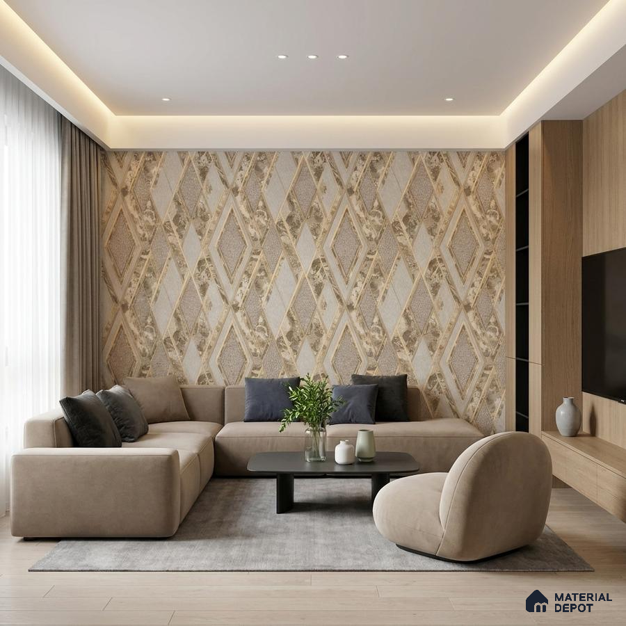 Modern living room with geometric patterned wallpaper and beige suede upholstery