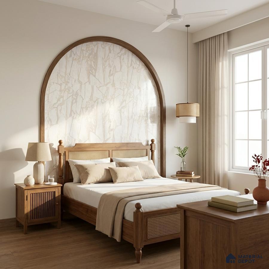 Scandinavian bedroom with natural oak wood furniture, marble-look accent wall, and warm beige palette