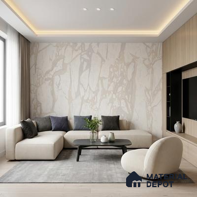 Minimalist living room with marble-look wallpaper, light oak laminate TV unit, and beige upholstery