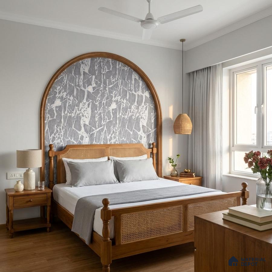 Mid-century modern bedroom with cane wood bed, marble pattern wallpaper, and wooden flooring