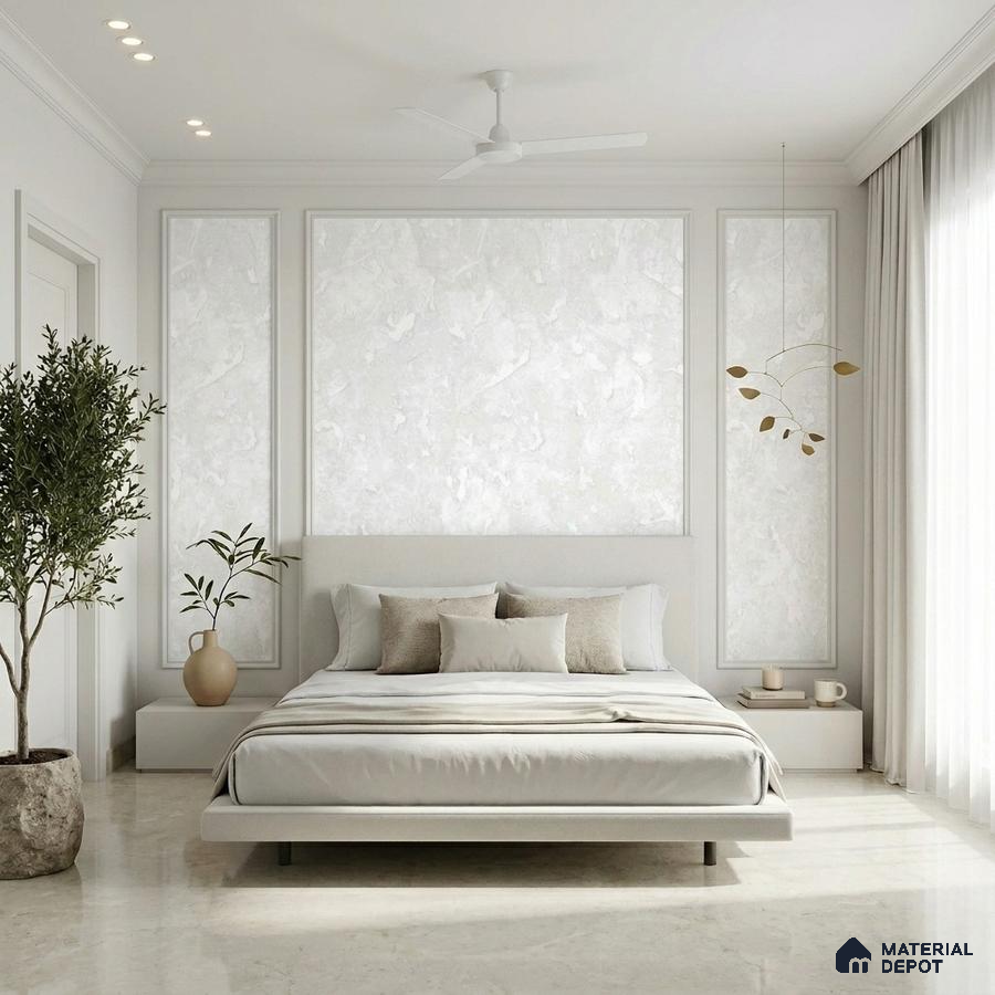 Minimalist bedroom with off-white marble floor and textured white wall panels