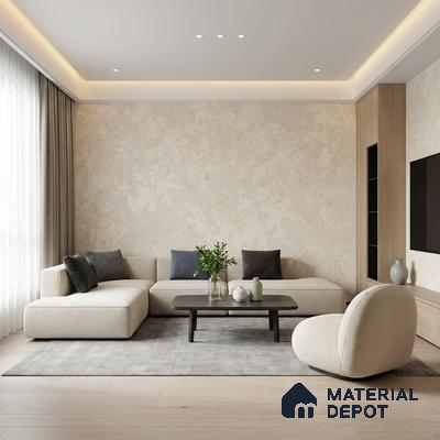 Minimalist living room with beige textured wallpaper, light wood flooring, and neutral fabric sofa