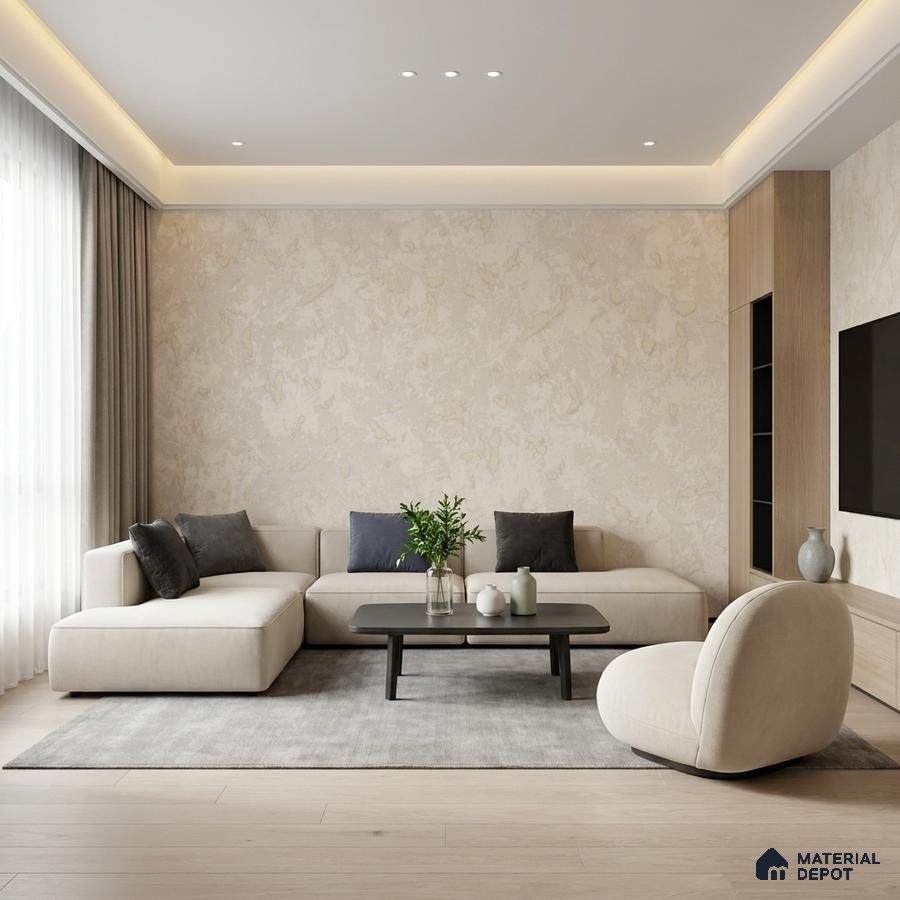 Minimalist living room with beige textured wallpaper, light wood flooring, and neutral fabric sofa