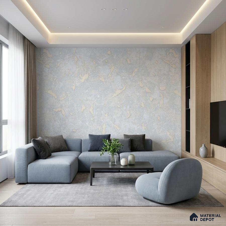 Minimalist living room with pastel blue abstract wallpaper and light oak laminate TV unit