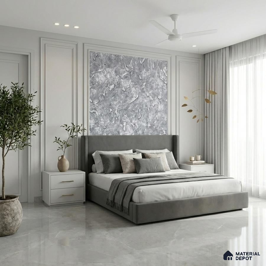 Minimalist bedroom with grey suede upholstered bed, marble look accent wall, and glossy marble floor tiles