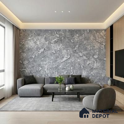 Modern living room with grey marble-look wallpaper and light oak laminate TV unit
