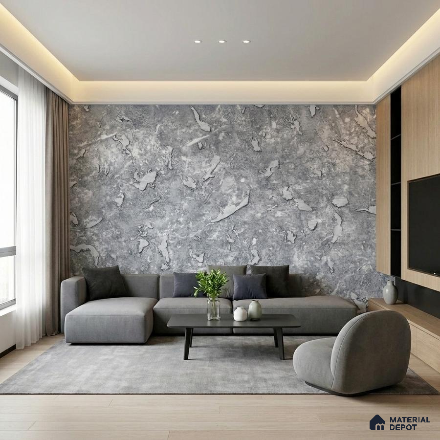 Modern living room with grey marble-look wallpaper and light oak laminate TV unit