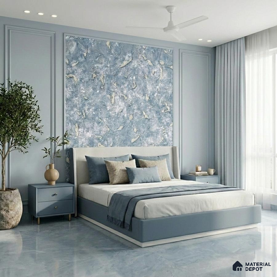 Modern bedroom with blue marble accent wall and glossy blue floor tiles