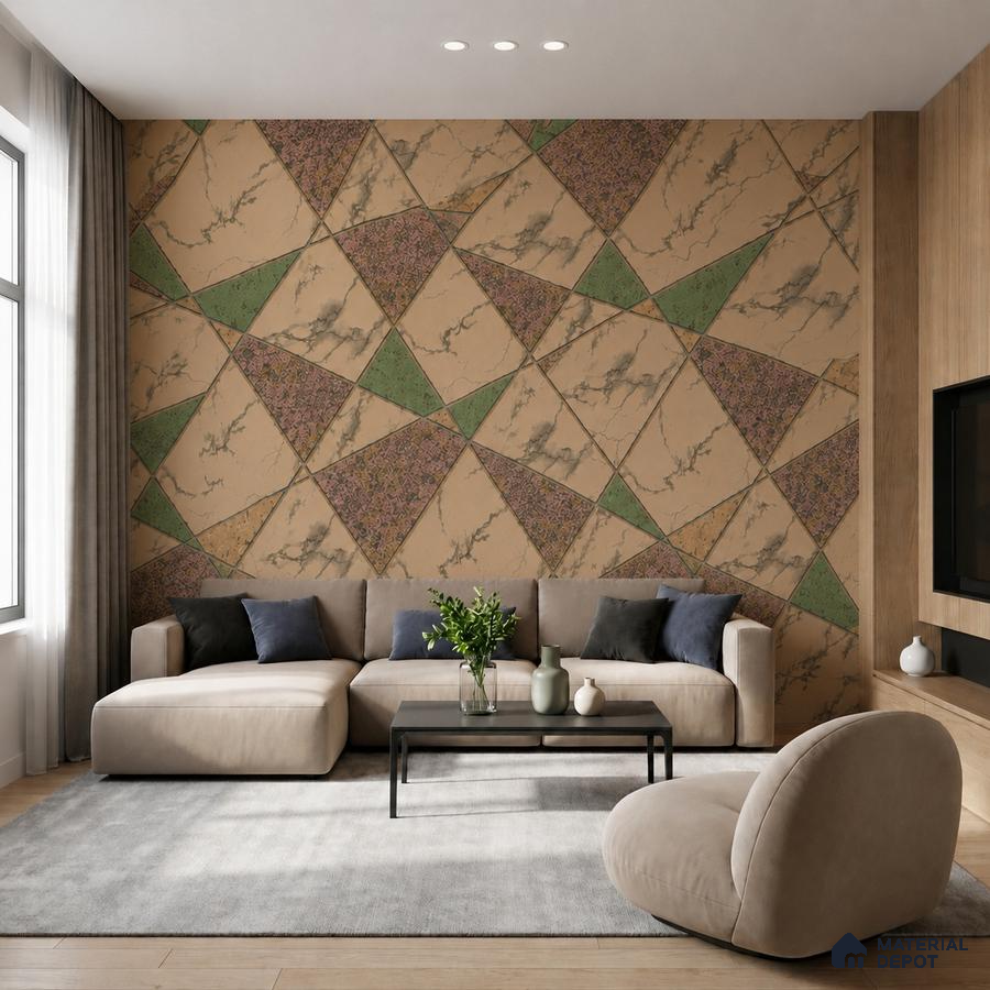 Modern living room with geometric marble-look accent wall and beige upholstery
