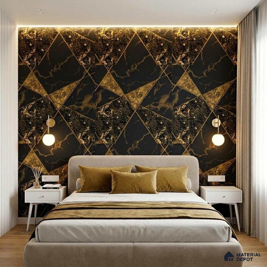 Art Deco bedroom with black and gold geometric marble wallpaper and suede upholstery