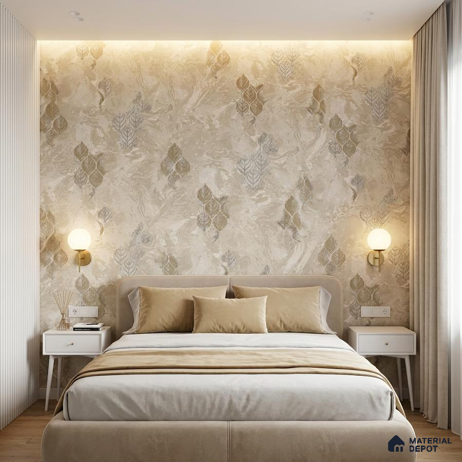 Scandinavian bedroom with beige floral wallpaper and suede upholstered bed