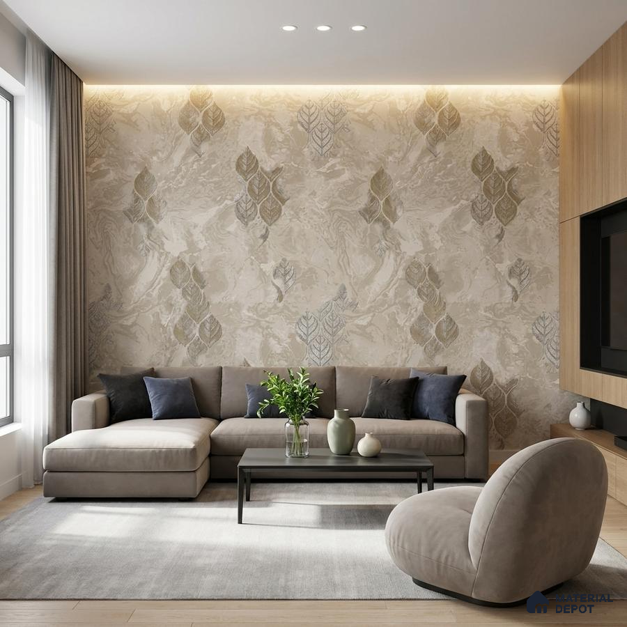Modern living room with beige leaf-patterned wallpaper and light oak wood paneling