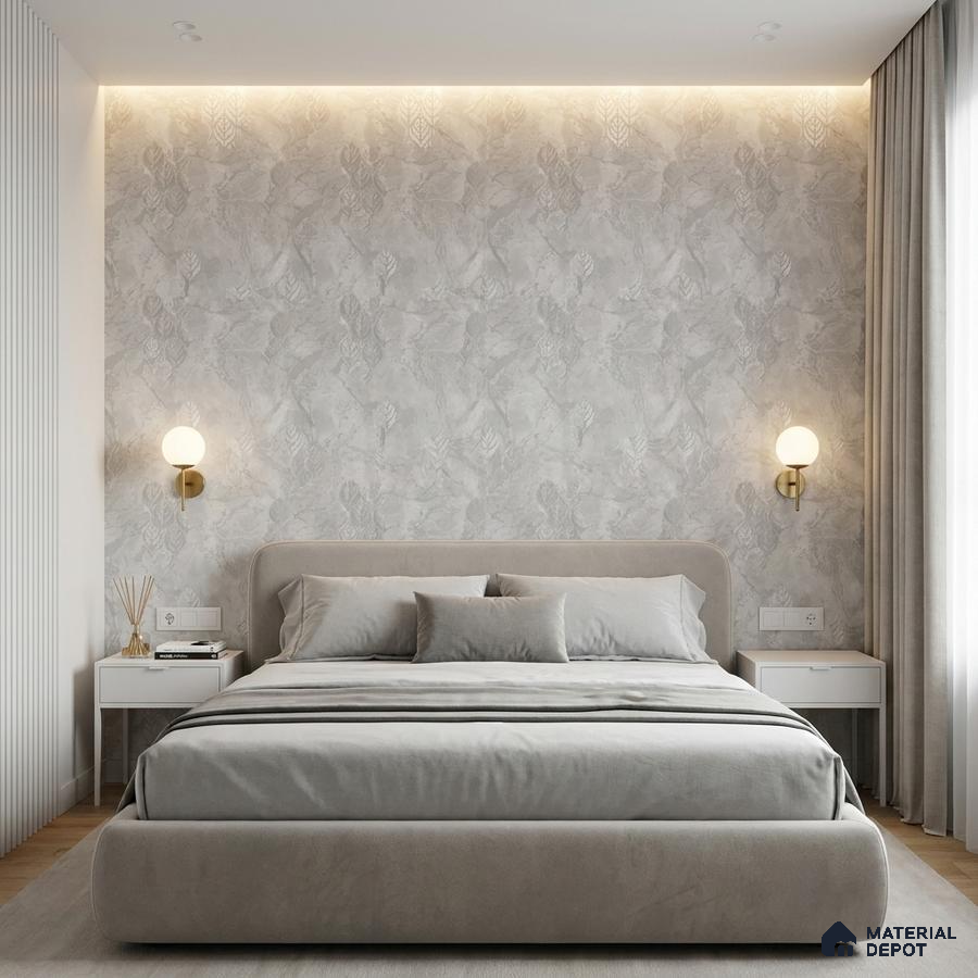 Minimalist bedroom with textured grey floral wallpaper and suede upholstered bed