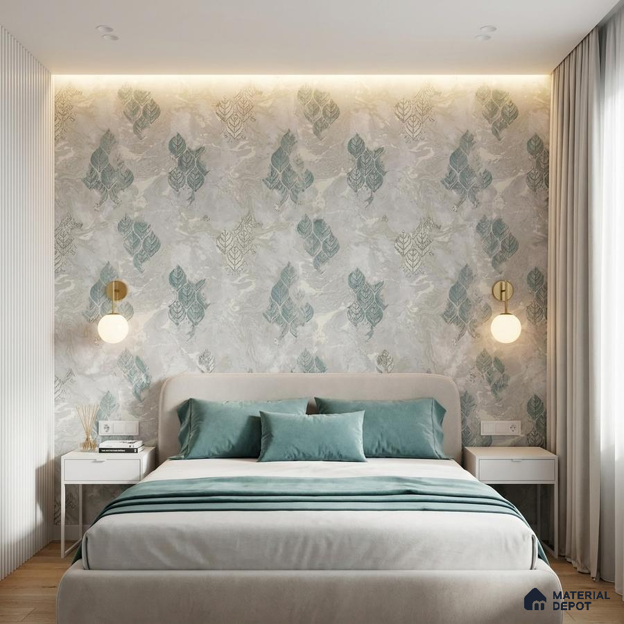 Scandinavian bedroom with leaf patterned wallpaper and light wood flooring