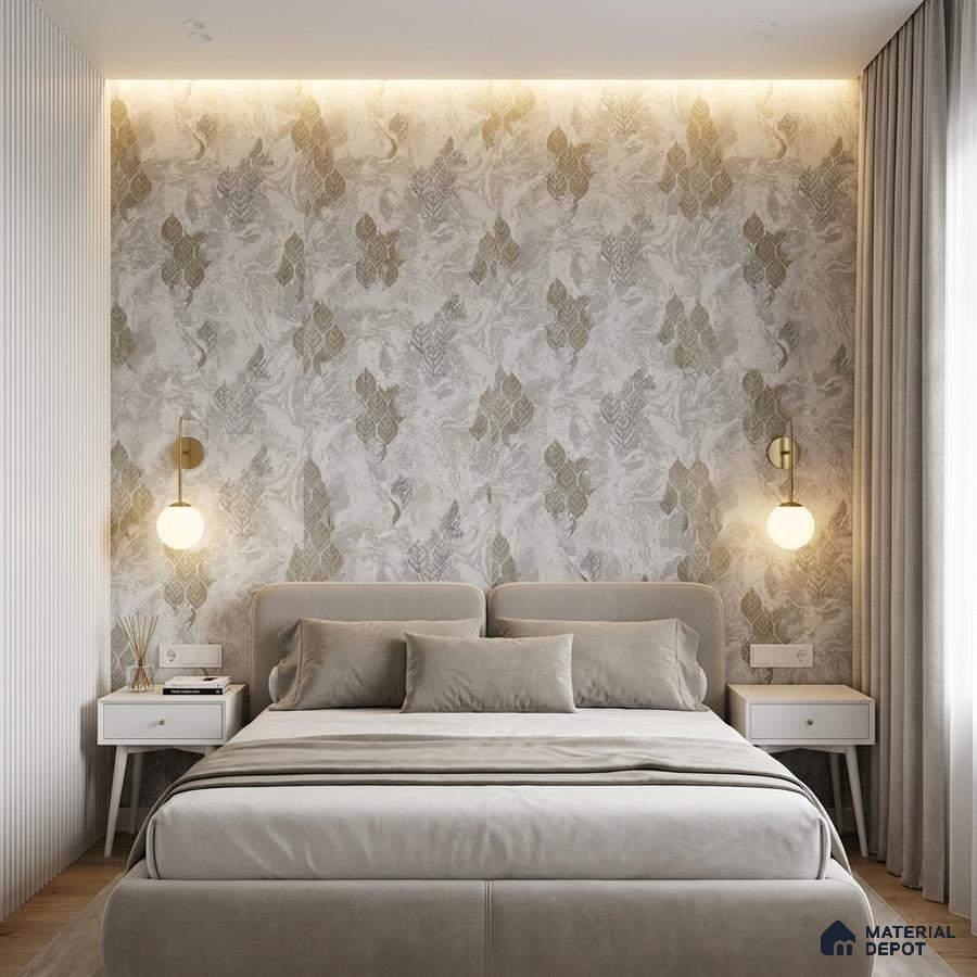 Modern bedroom with beige suede upholstered bed and abstract patterned wallpaper
