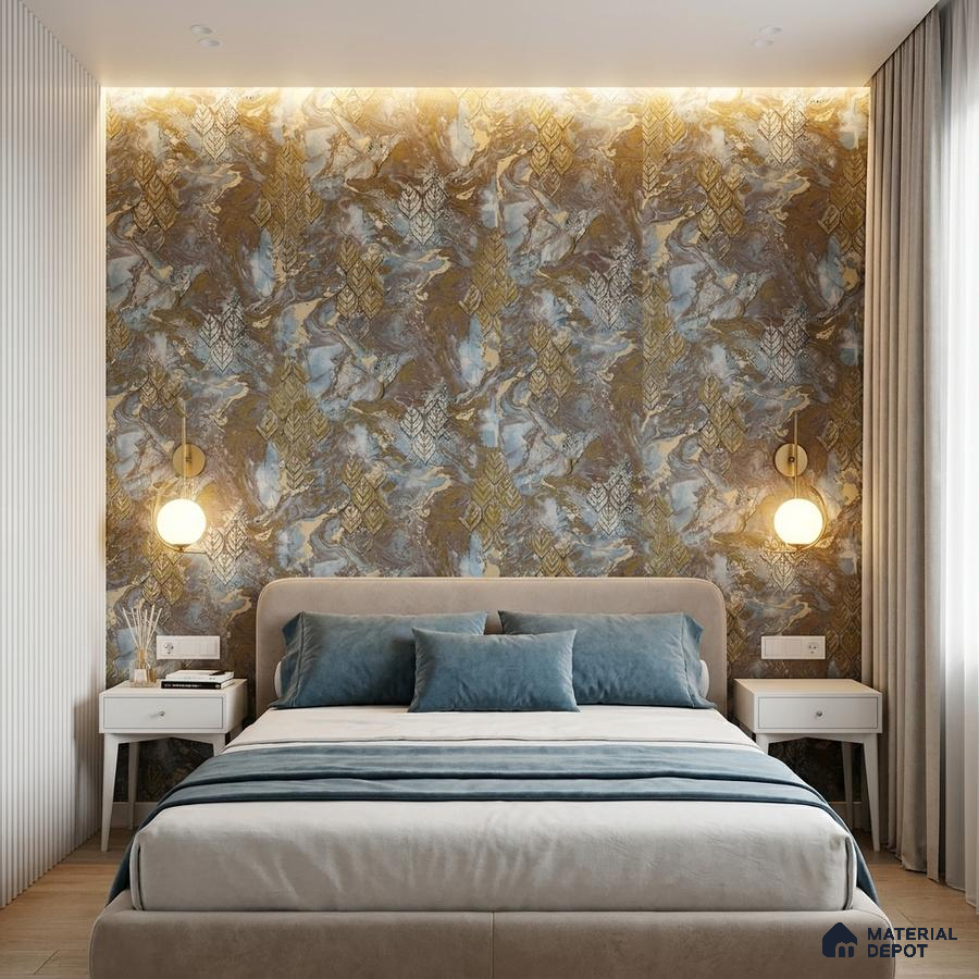 Modern bedroom with abstract gold and blue patterned wallpaper and suede upholstered bed