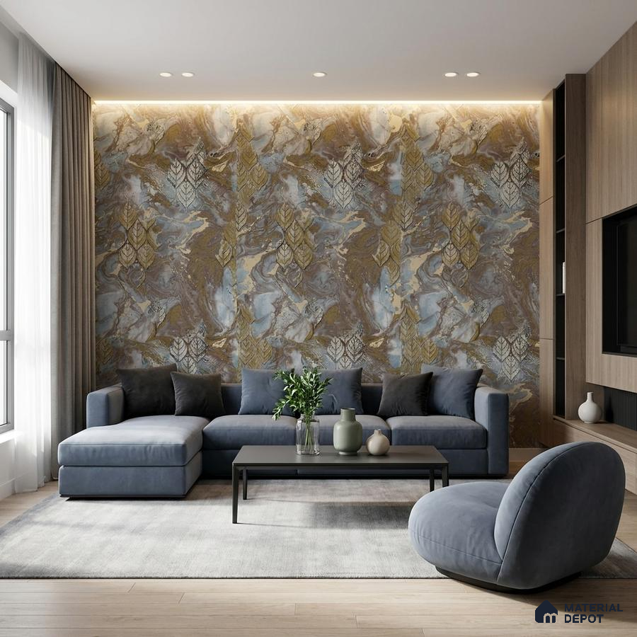 Modern living room with abstract leaf patterned wallpaper and grey suede upholstery