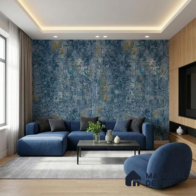 Modern living room with blue patterned wallpaper, blue fabric sofa, and light oak laminate TV unit