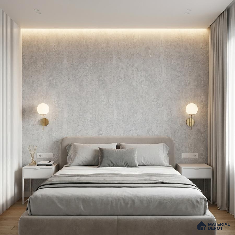 Minimalist bedroom with textured grey wallpaper, suede upholstered bed, and light wood flooring