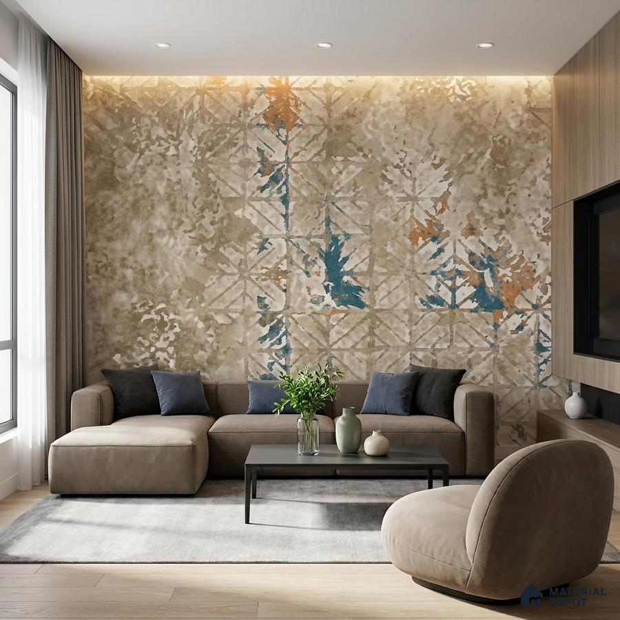 Modern living room with abstract patterned wallpaper, beige suede sofa, and light oak wooden flooring
