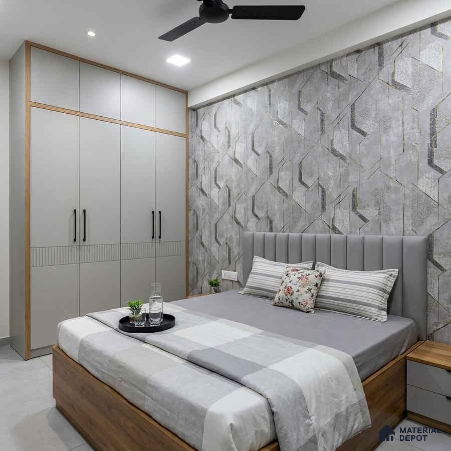 Modern bedroom with grey geometric wallpaper, matte grey laminate wardrobe, and wood finish bed