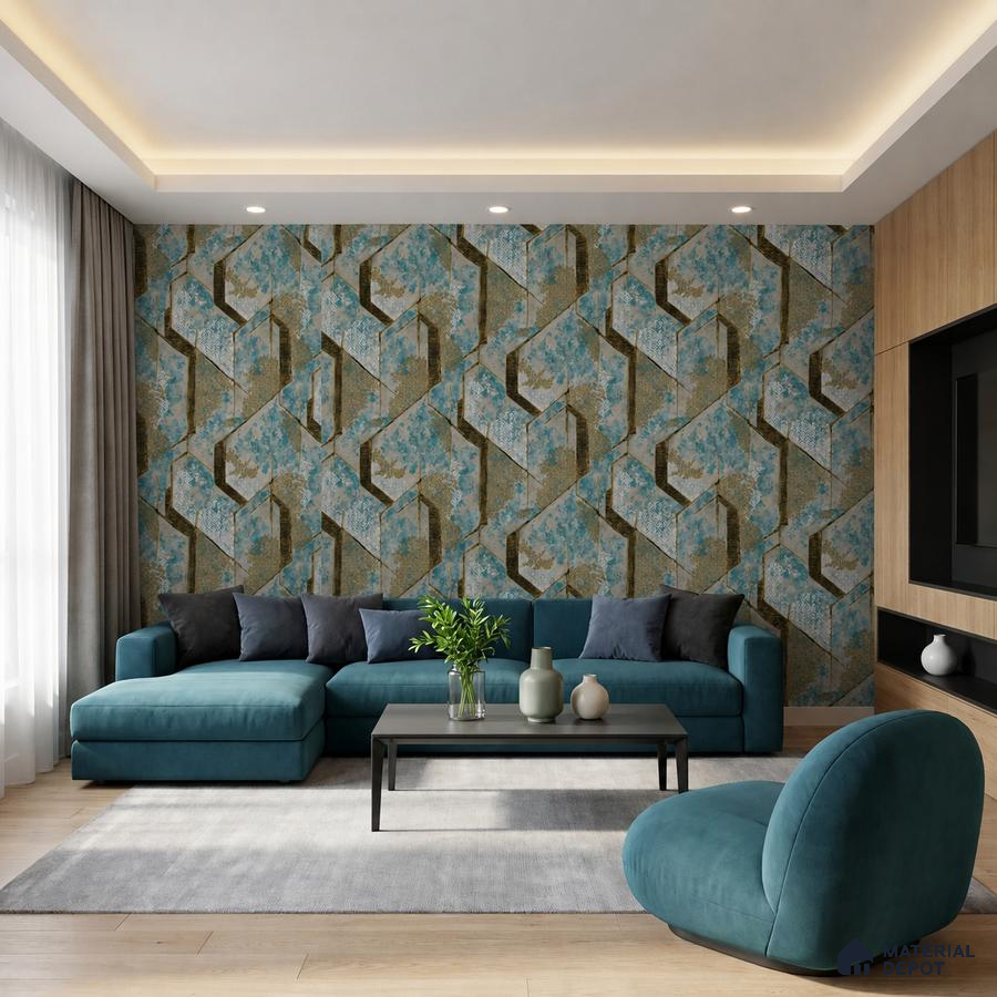 Modern living room with geometric blue and gold wallpaper and teal upholstered sofa