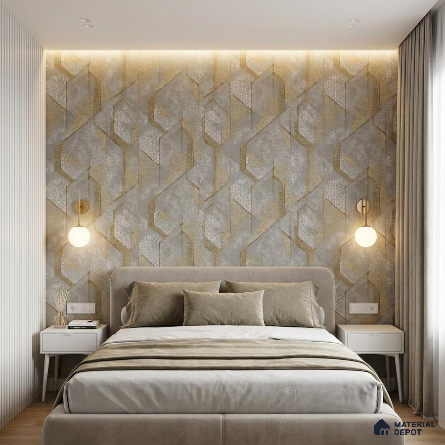 Modern bedroom with geometric gold and grey wallpaper and suede upholstered bed