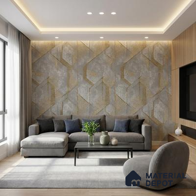 Modern living room with geometric gold and grey wallpaper, grey suede sofa, and light oak laminate TV unit