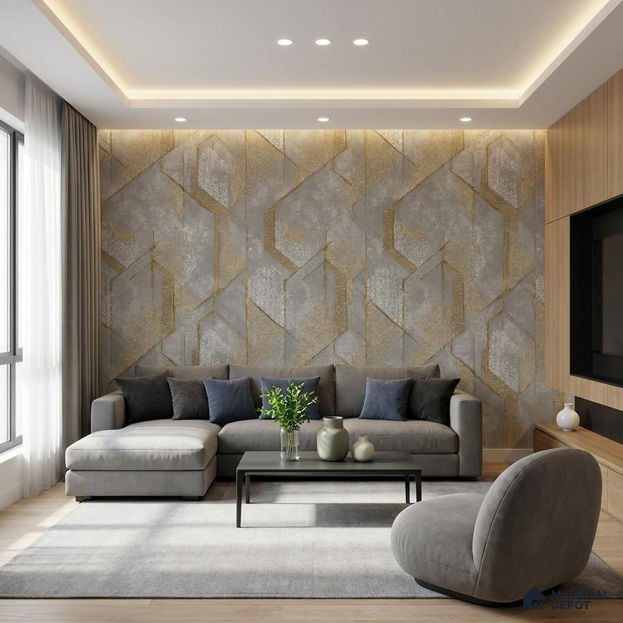 Modern living room with geometric gold and grey wallpaper, grey suede sofa, and light oak laminate TV unit