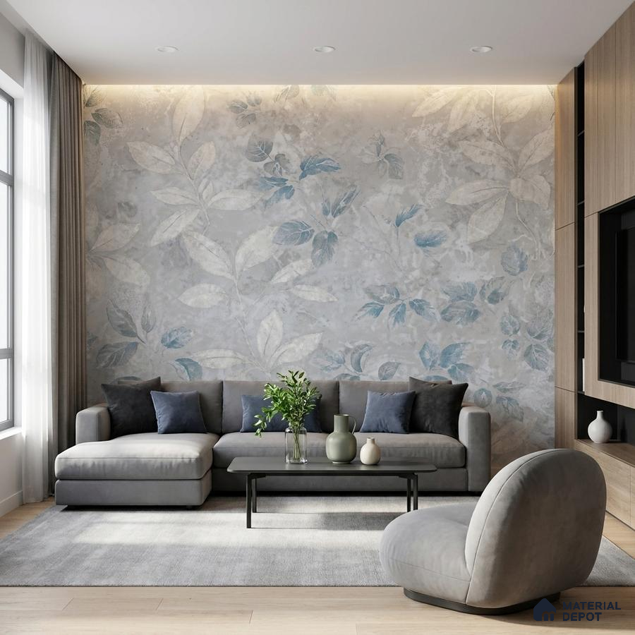 Modern living room with floral wallpaper accent wall and grey upholstered sofa