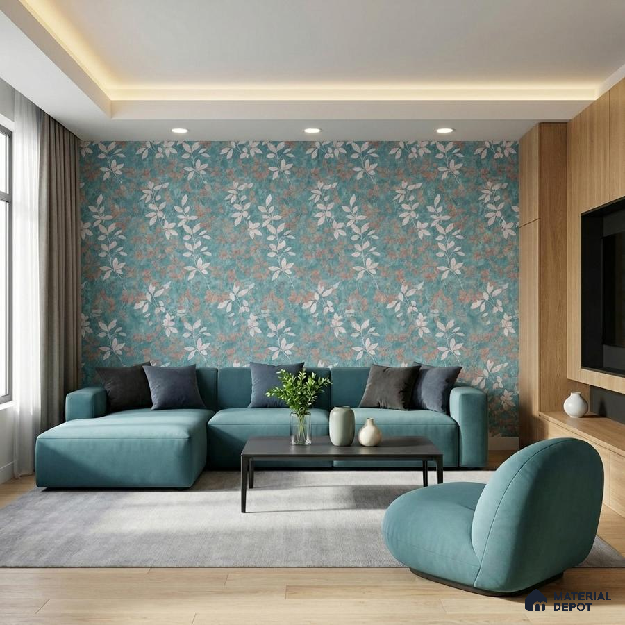 Modern living room with teal floral wallpaper and light oak laminate TV unit