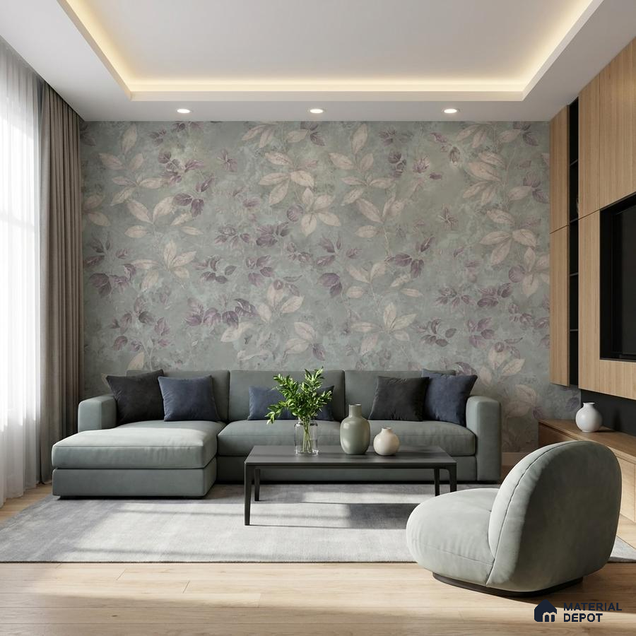 Modern living room with pastel floral wallpaper, sage green upholstery, and light oak wooden flooring