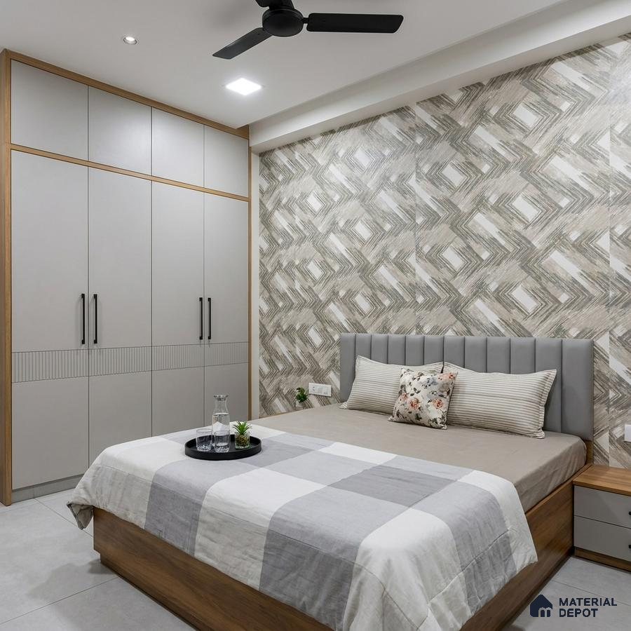 Modern bedroom with geometric patterned wallpaper, grey solid color laminate wardrobe, and light wood bed frame