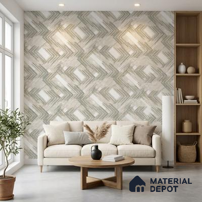 Scandinavian living room with geometric patterned wallpaper and light oak shelving