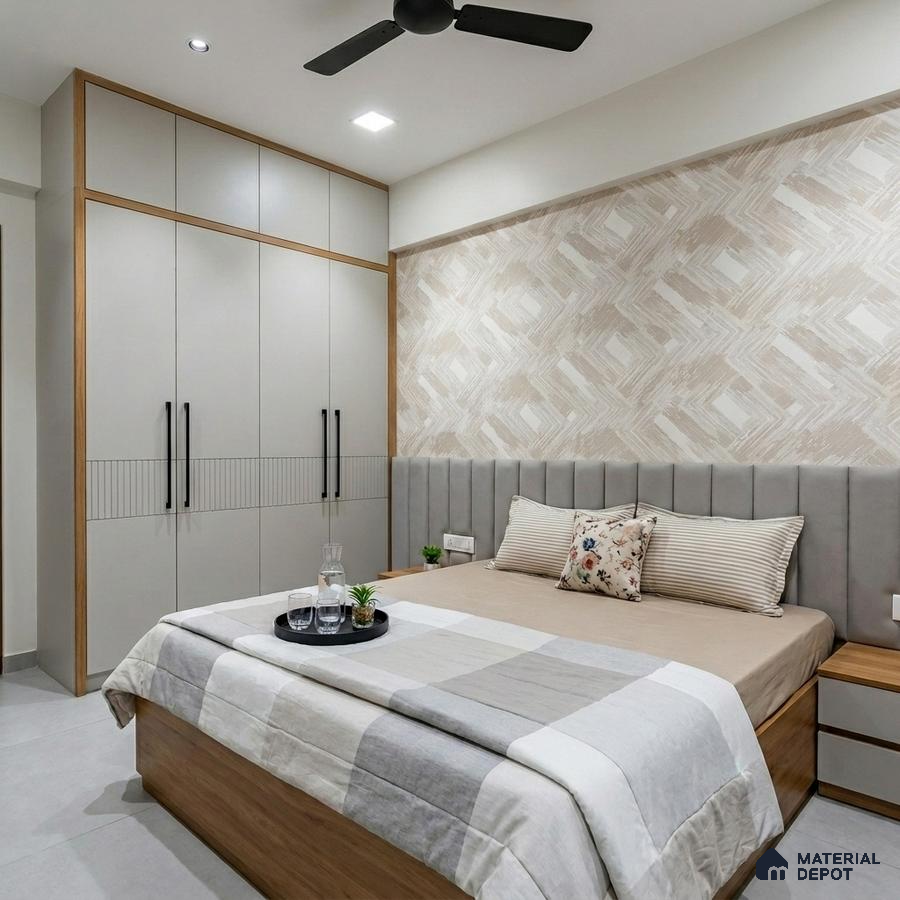 Minimalist bedroom with beige patterned wallpaper, grey upholstered headboard, and dual tone wardrobe with wood accents