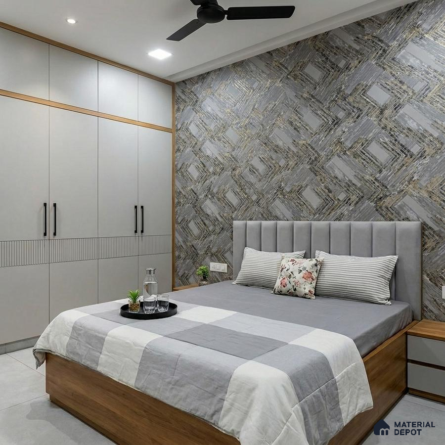 Modern bedroom with grey geometric wallpaper, matte grey wardrobe laminate, and wood finish bed base