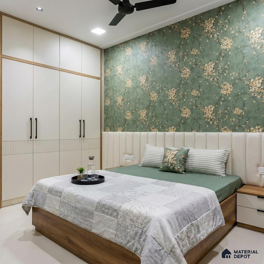 Modern bedroom with floral green wallpaper, frosty white laminate wardrobe, and wood finish bed