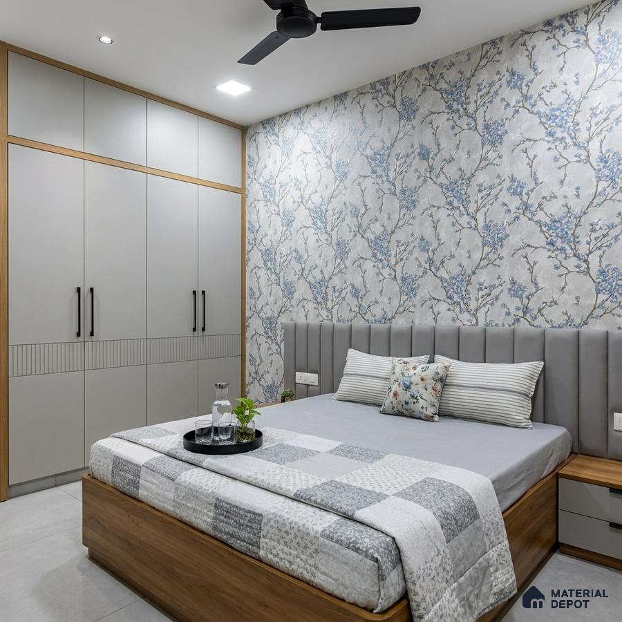 Modern bedroom with blue floral wallpaper, grey upholstered headboard, and light grey wardrobe laminate