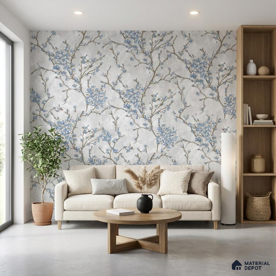 Scandinavian living room with blue floral wallpaper and light oak wood furniture
