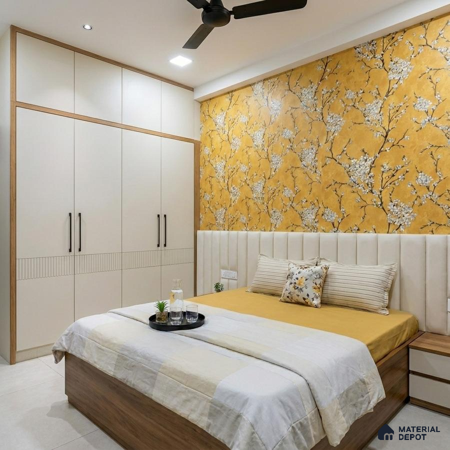 Modern bedroom with floral wallpaper, frosty white laminate wardrobe, and beige upholstered headboard