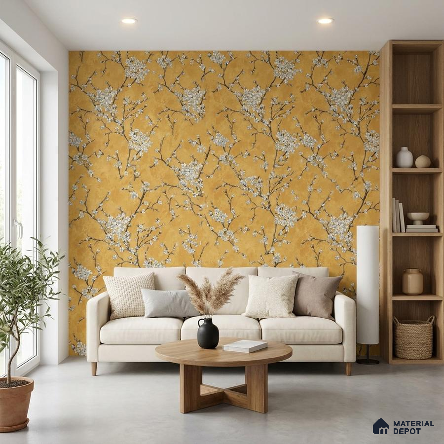 Scandinavian living room with yellow floral wallpaper and light wood open shelving