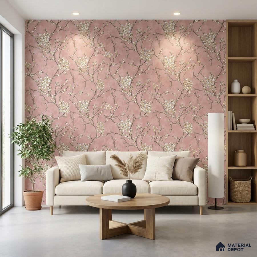 Scandinavian living room with blush pink floral wallpaper and light wood accents