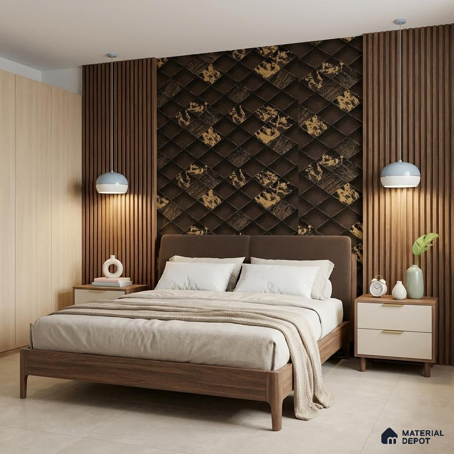 Modern bedroom with walnut wood fluted panels and geometric 3D accent wall