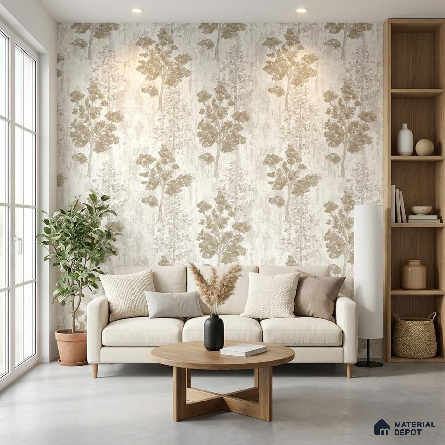 Scandinavian living room with beige floral wallpaper and light oak wood furniture