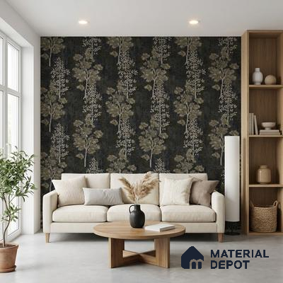Scandinavian living room with floral wallpaper and light oak shelving