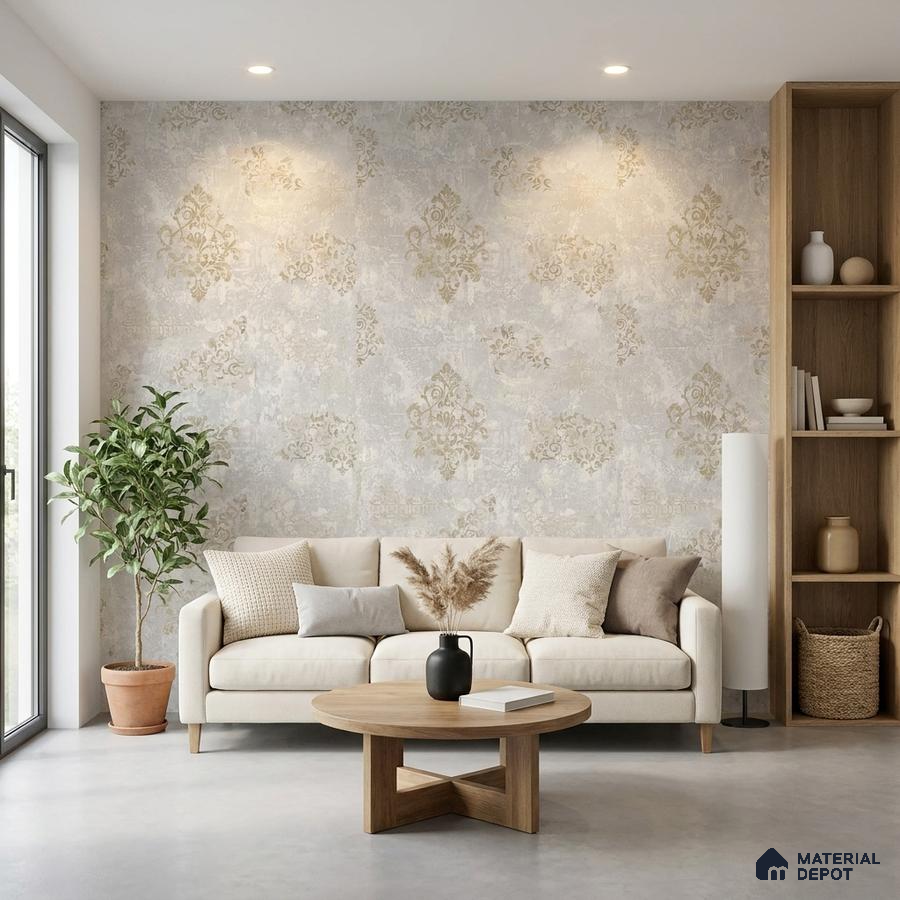 Scandinavian living room with beige damask wallpaper and light oak wood furniture