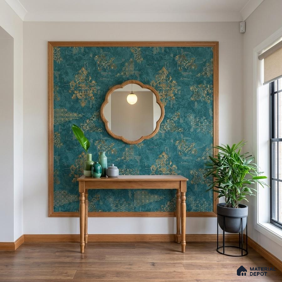 Eclectic foyer with teal and gold patterned wallpaper, natural wood console, and wooden flooring