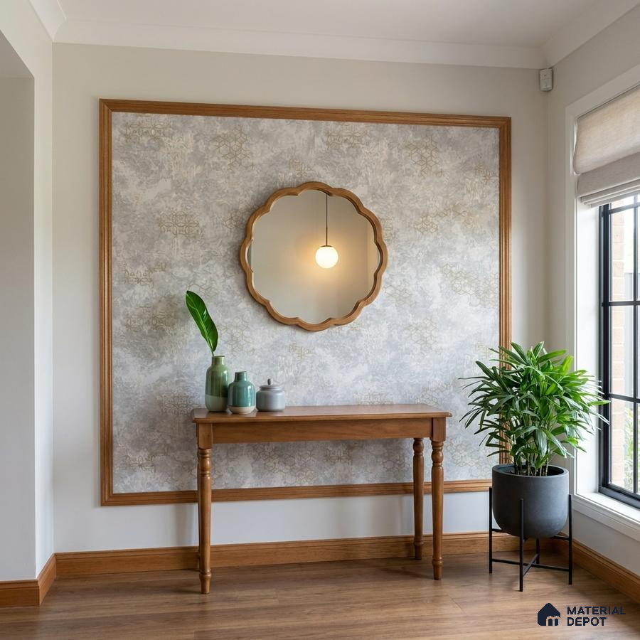 Modern foyer with wooden console, patterned wallpaper, and wood flooring