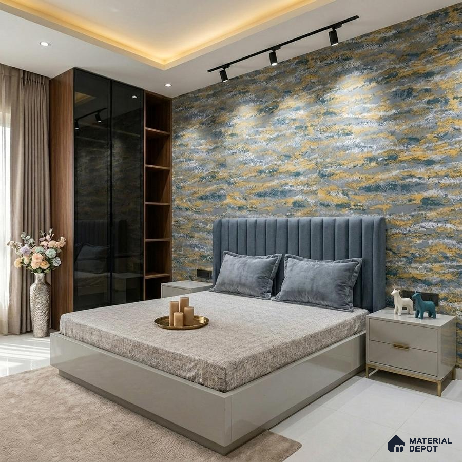 Modern bedroom with abstract textured wallpaper, suede upholstered bed, and glossy wardrobe